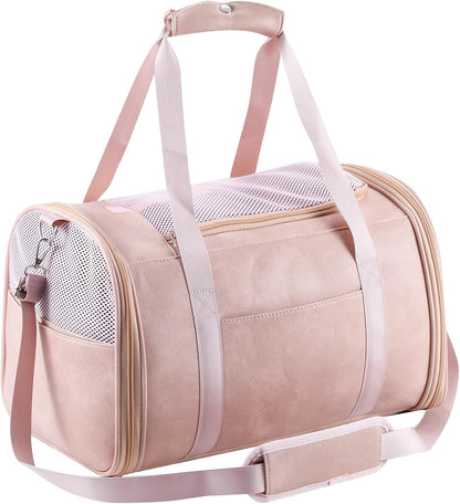 Lasaviin Fashion Leather Dog Carrier Cat Carrier Airline Approved Pet Carrier for Small Medium Dogs Cats Under 15Lbs, Collapsible Soft Sided Travel Puppy Carrier Pink
