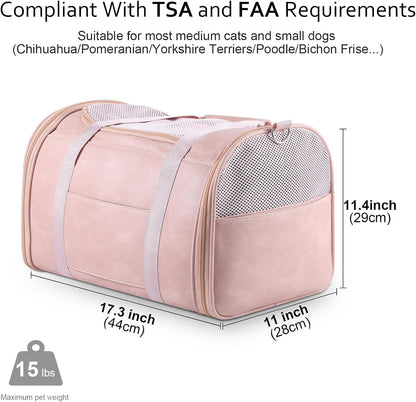 Lasaviin Fashion Leather Dog Carrier Cat Carrier Airline Approved Pet Carrier for Small Medium Dogs Cats Under 15Lbs, Collapsible Soft Sided Travel Puppy Carrier Pink