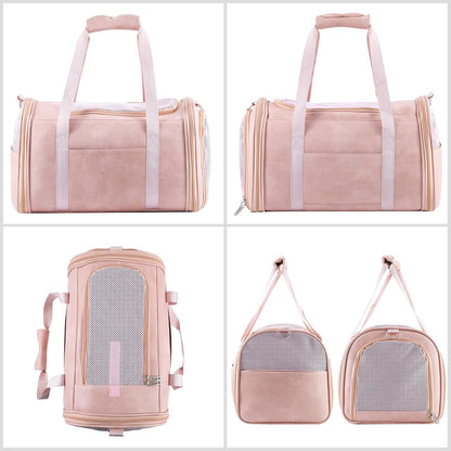 Lasaviin Fashion Leather Dog Carrier Cat Carrier Airline Approved Pet Carrier for Small Medium Dogs Cats Under 15Lbs, Collapsible Soft Sided Travel Puppy Carrier Pink