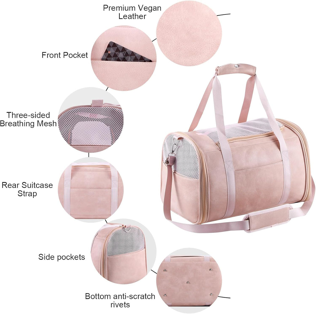 Lasaviin Fashion Leather Dog Carrier Cat Carrier Airline Approved Pet Carrier for Small Medium Dogs Cats Under 15Lbs, Collapsible Soft Sided Travel Puppy Carrier Pink