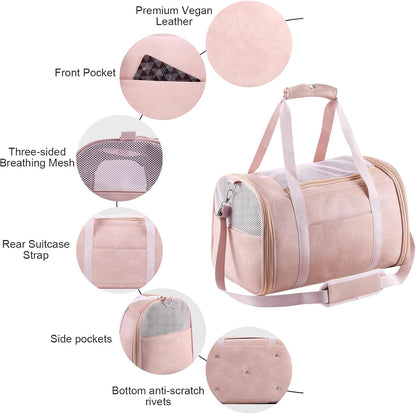 Lasaviin Fashion Leather Dog Carrier Cat Carrier Airline Approved Pet Carrier for Small Medium Dogs Cats Under 15Lbs, Collapsible Soft Sided Travel Puppy Carrier Pink