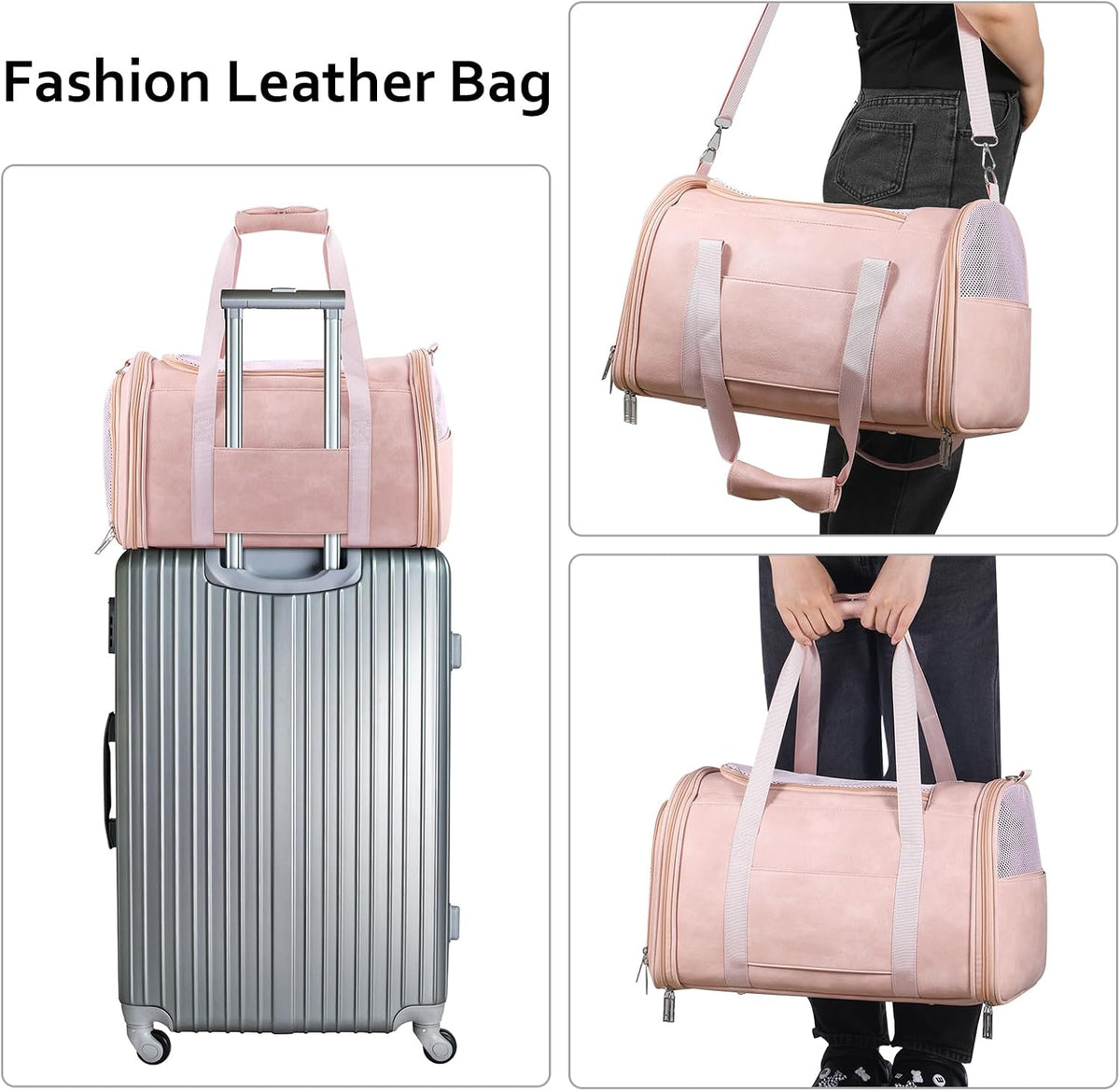 Lasaviin Fashion Leather Dog Carrier Cat Carrier Airline Approved Pet Carrier for Small Medium Dogs Cats Under 15Lbs, Collapsible Soft Sided Travel Puppy Carrier Pink