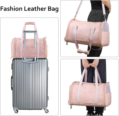 Lasaviin Fashion Leather Dog Carrier Cat Carrier Airline Approved Pet Carrier for Small Medium Dogs Cats Under 15Lbs, Collapsible Soft Sided Travel Puppy Carrier Pink