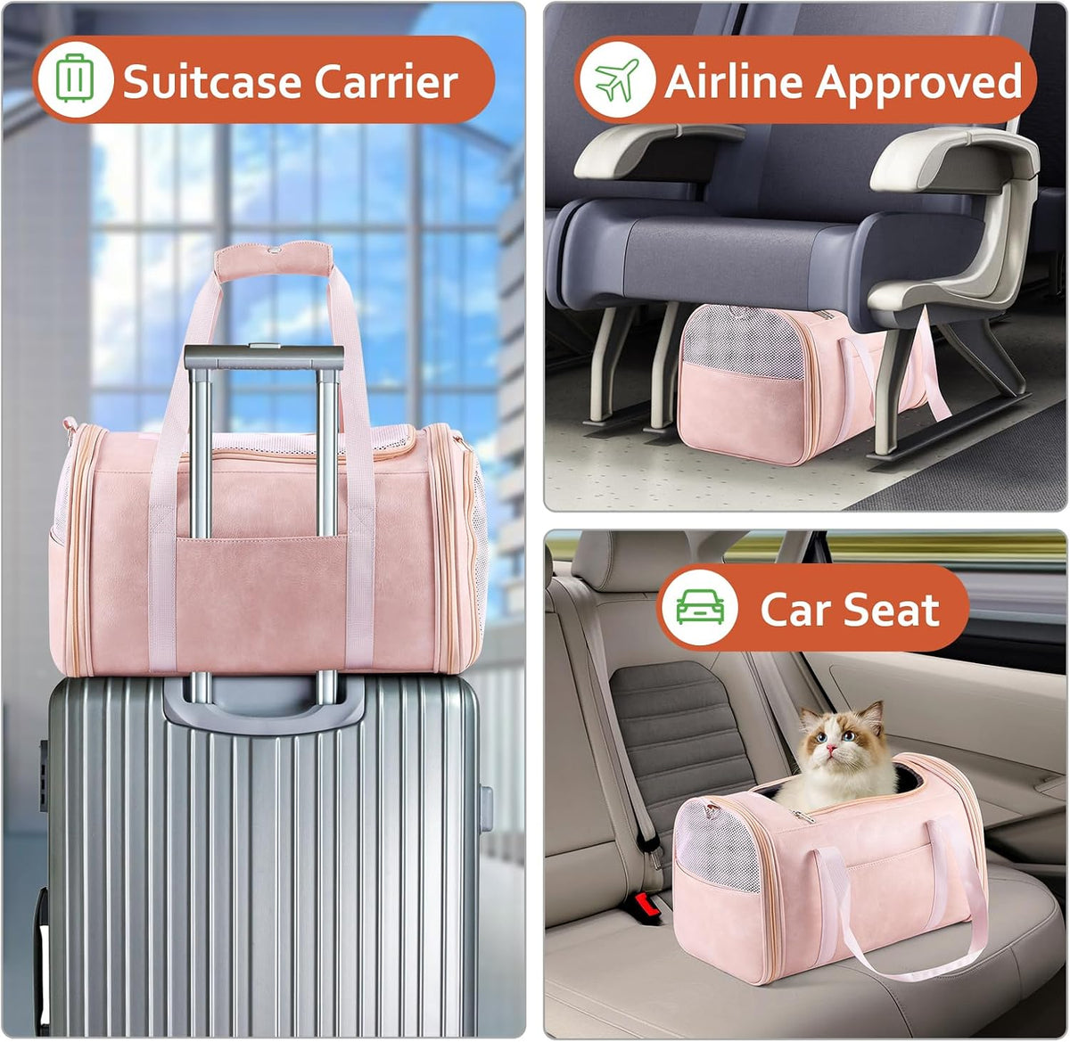 Lasaviin Fashion Leather Dog Carrier Cat Carrier Airline Approved Pet Carrier for Small Medium Dogs Cats Under 15Lbs, Collapsible Soft Sided Travel Puppy Carrier Pink