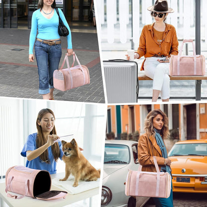 Lasaviin Fashion Leather Dog Carrier Cat Carrier Airline Approved Pet Carrier for Small Medium Dogs Cats Under 15Lbs, Collapsible Soft Sided Travel Puppy Carrier Pink