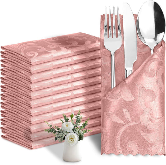 12 Pack Rose Gold Satin Napkins 17 x 17 Inch Damask Napkins, Silky Soft Jacquard Table Cloth Napkin Set of 12, Square Table Napkins Fabric Dinner Napkins for Wedding Banquet Party Decoration