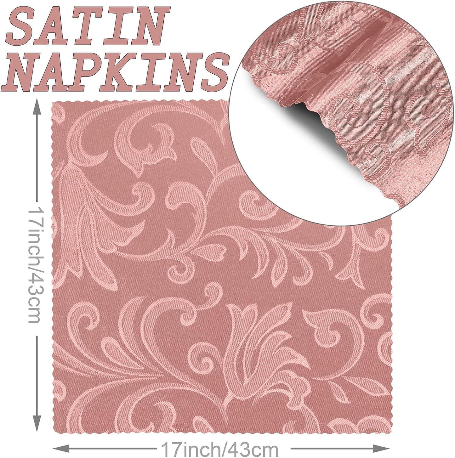 12 Pack Rose Gold Satin Napkins 17 x 17 Inch Damask Napkins, Silky Soft Jacquard Table Cloth Napkin Set of 12, Square Table Napkins Fabric Dinner Napkins for Wedding Banquet Party Decoration