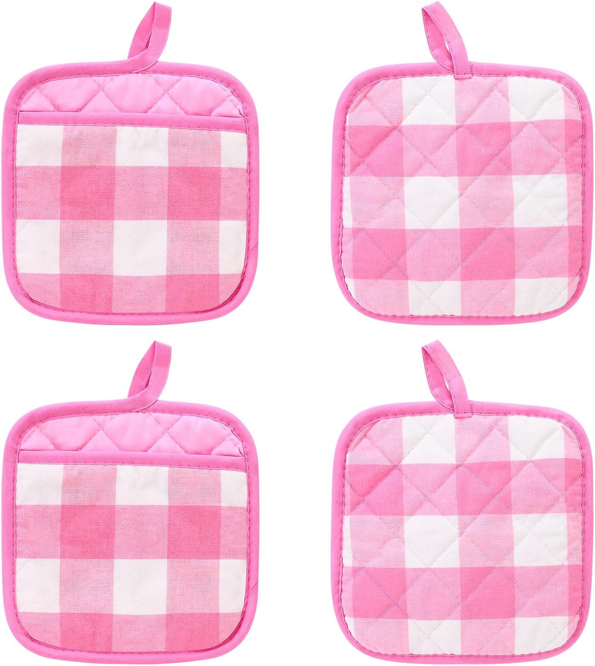 4 Pieces Checked Pot Holders Set, Heat Resistant Oven Mitts Pads with Pocket, Non-Slip Potholders for Kitchens Clearance Backing Cooking Countertop Decor Accessories (White, Pink)
