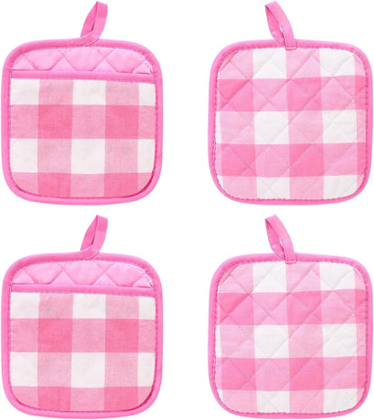 4 Pieces Checked Pot Holders Set, Heat Resistant Oven Mitts Pads with Pocket, Non-Slip Potholders for Kitchens Clearance Backing Cooking Countertop Decor Accessories (White, Pink)