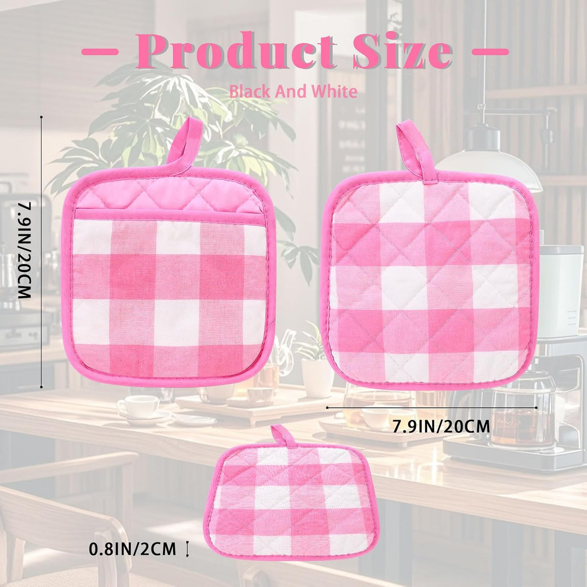 4 Pieces Checked Pot Holders Set, Heat Resistant Oven Mitts Pads with Pocket, Non-Slip Potholders for Kitchens Clearance Backing Cooking Countertop Decor Accessories (White, Pink)