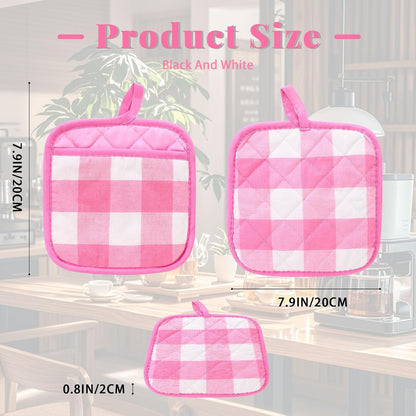 4 Pieces Checked Pot Holders Set, Heat Resistant Oven Mitts Pads with Pocket, Non-Slip Potholders for Kitchens Clearance Backing Cooking Countertop Decor Accessories (White, Pink)