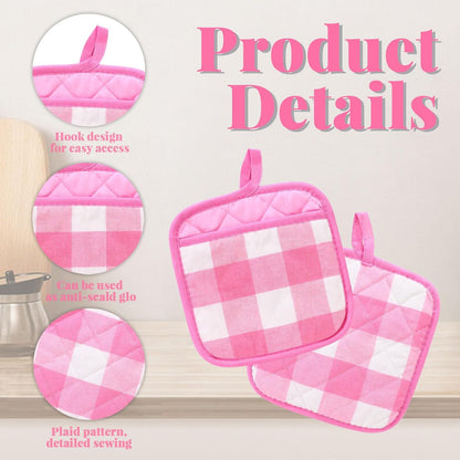 4 Pieces Checked Pot Holders Set, Heat Resistant Oven Mitts Pads with Pocket, Non-Slip Potholders for Kitchens Clearance Backing Cooking Countertop Decor Accessories (White, Pink)