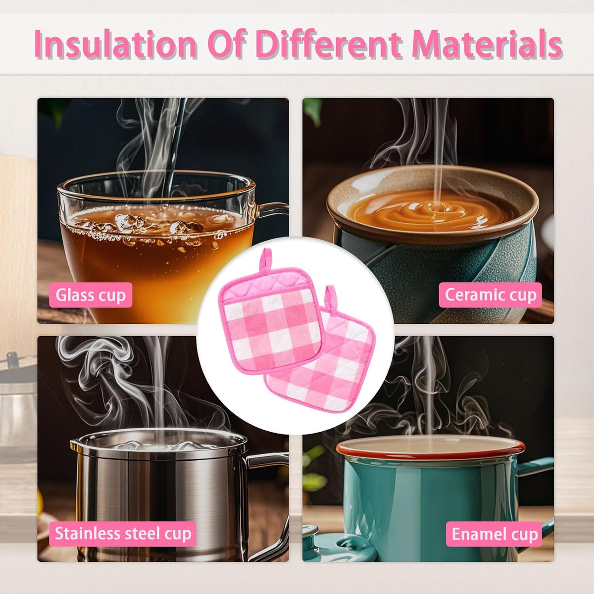 4 Pieces Checked Pot Holders Set, Heat Resistant Oven Mitts Pads with Pocket, Non-Slip Potholders for Kitchens Clearance Backing Cooking Countertop Decor Accessories (White, Pink)