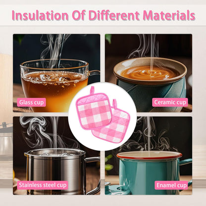 4 Pieces Checked Pot Holders Set, Heat Resistant Oven Mitts Pads with Pocket, Non-Slip Potholders for Kitchens Clearance Backing Cooking Countertop Decor Accessories (White, Pink)