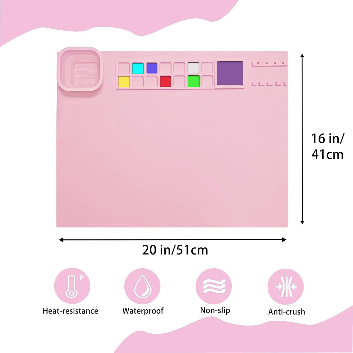 Silicone Painting Mat 20"x16", Art Craft Mat with Cup, Pink