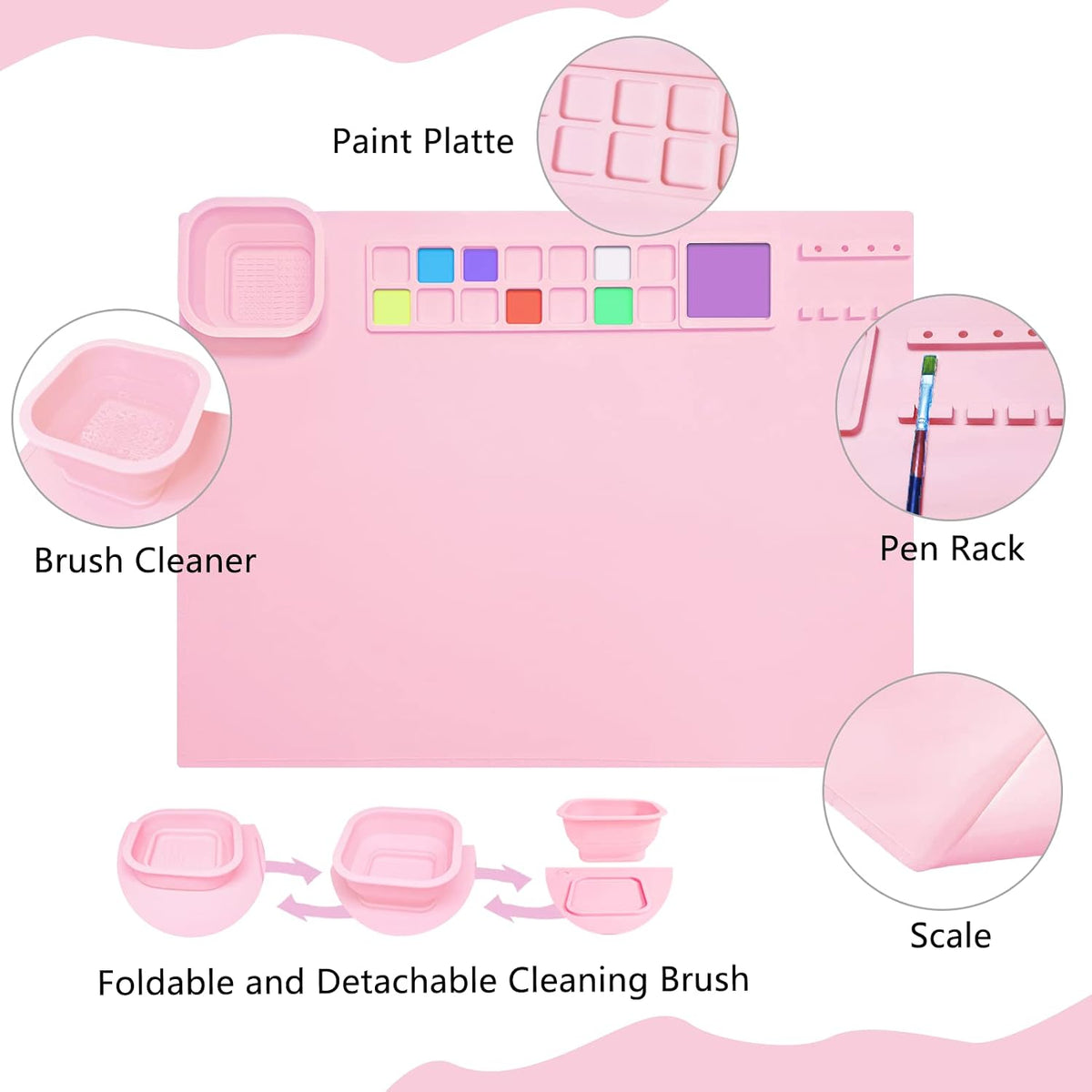Silicone Painting Mat 20"x16", Art Craft Mat with Cup, Pink