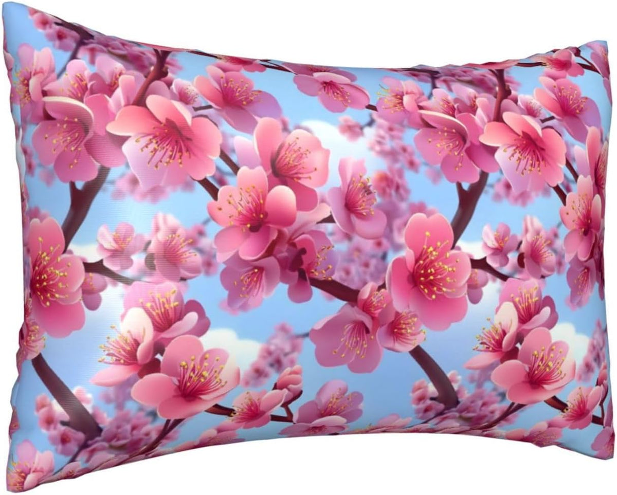 Bright Pink Peach Blossom Flower Satin Pillowcase for Hair and Skin 20x30 in Queen Size Pillows Case Cover with Zipper (Without Inserts)