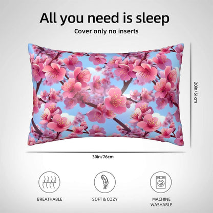 Bright Pink Peach Blossom Flower Satin Pillowcase for Hair and Skin 20x30 in Queen Size Pillows Case Cover with Zipper (Without Inserts)