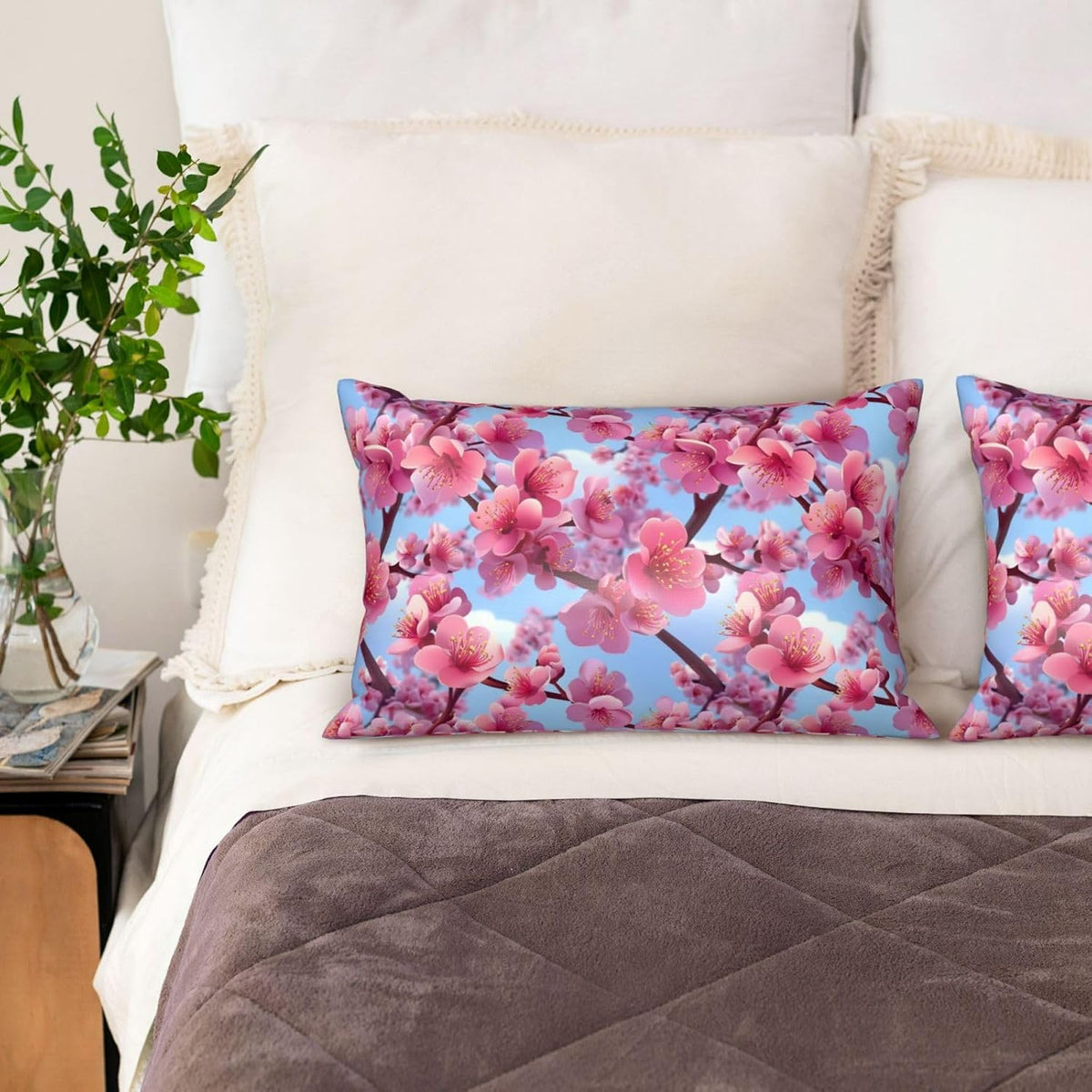 Bright Pink Peach Blossom Flower Satin Pillowcase for Hair and Skin 20x30 in Queen Size Pillows Case Cover with Zipper (Without Inserts)