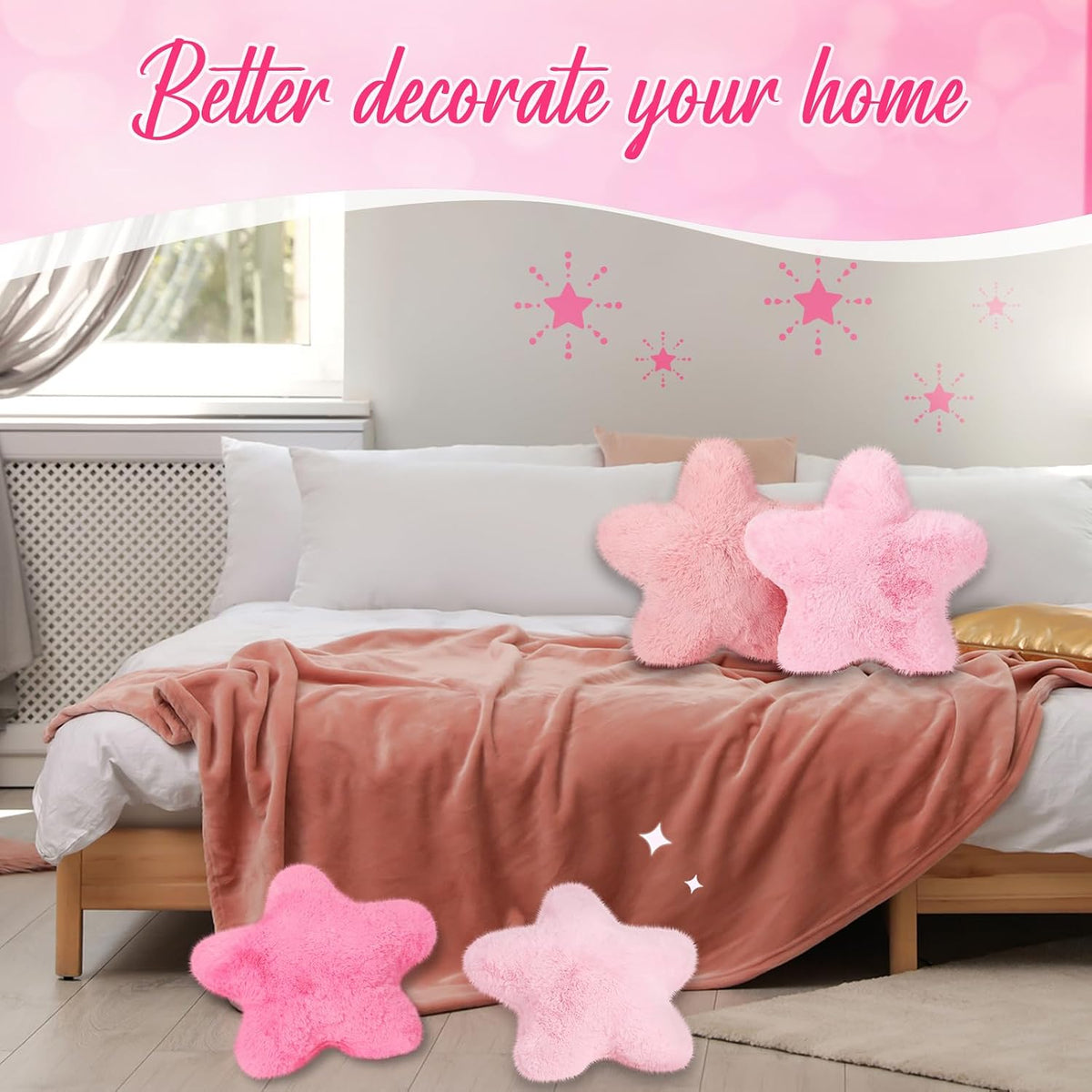 4 Pcs Star Throw Pillows for Girls, Faux Fur, Multiple Pinks