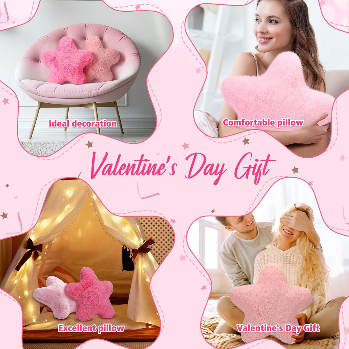 4 Pcs Star Throw Pillows for Girls, Faux Fur, Multiple Pinks