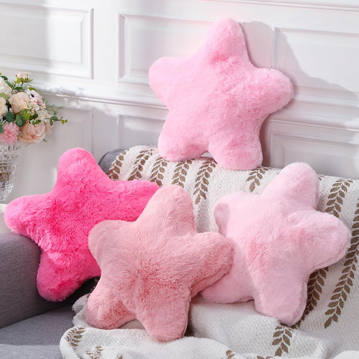 4 Pcs Star Throw Pillows for Girls, Faux Fur, Multiple Pinks