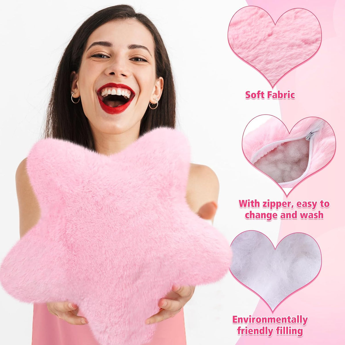 4 Pcs Star Throw Pillows for Girls, Faux Fur, Multiple Pinks