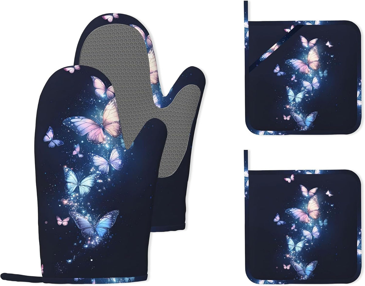 Glowing Butterfly Heat-Resistant Silicone Oven Mitts and Pot Holders,Blue Pink Long Oven Gloves with Non-Slip Grip for Cooking, Baking, Grilling,BBQ