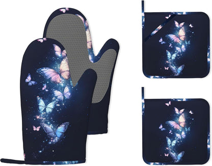 Glowing Butterfly Heat-Resistant Silicone Oven Mitts and Pot Holders,Blue Pink Long Oven Gloves with Non-Slip Grip for Cooking, Baking, Grilling,BBQ