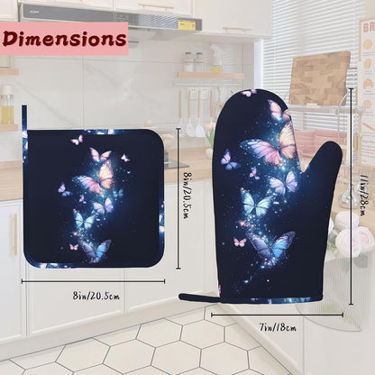 Glowing Butterfly Heat-Resistant Silicone Oven Mitts and Pot Holders,Blue Pink Long Oven Gloves with Non-Slip Grip for Cooking, Baking, Grilling,BBQ
