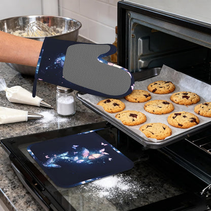 Glowing Butterfly Heat-Resistant Silicone Oven Mitts and Pot Holders,Blue Pink Long Oven Gloves with Non-Slip Grip for Cooking, Baking, Grilling,BBQ