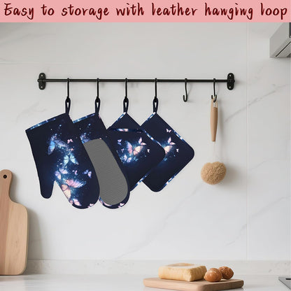 Glowing Butterfly Heat-Resistant Silicone Oven Mitts and Pot Holders,Blue Pink Long Oven Gloves with Non-Slip Grip for Cooking, Baking, Grilling,BBQ