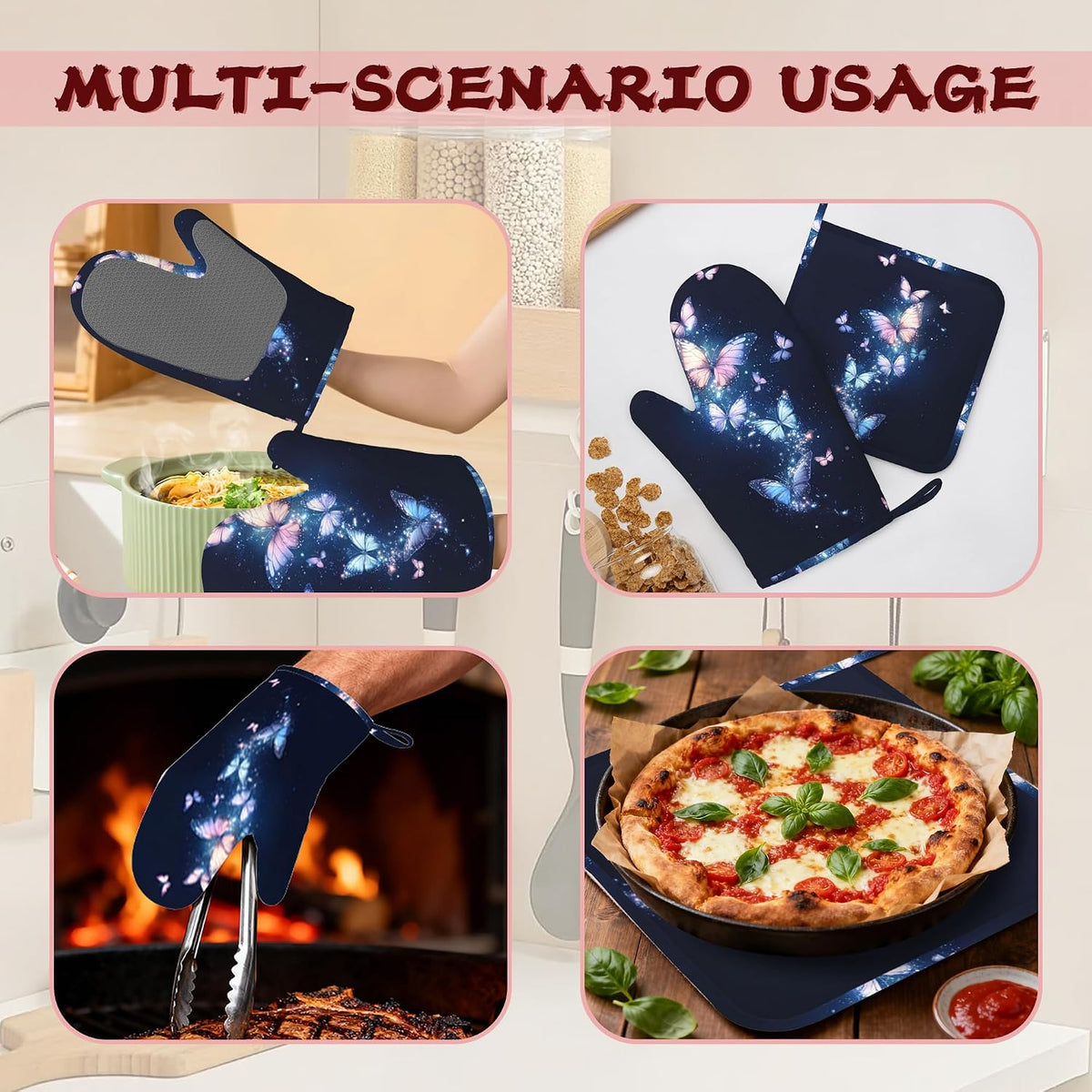 Glowing Butterfly Heat-Resistant Silicone Oven Mitts and Pot Holders,Blue Pink Long Oven Gloves with Non-Slip Grip for Cooking, Baking, Grilling,BBQ