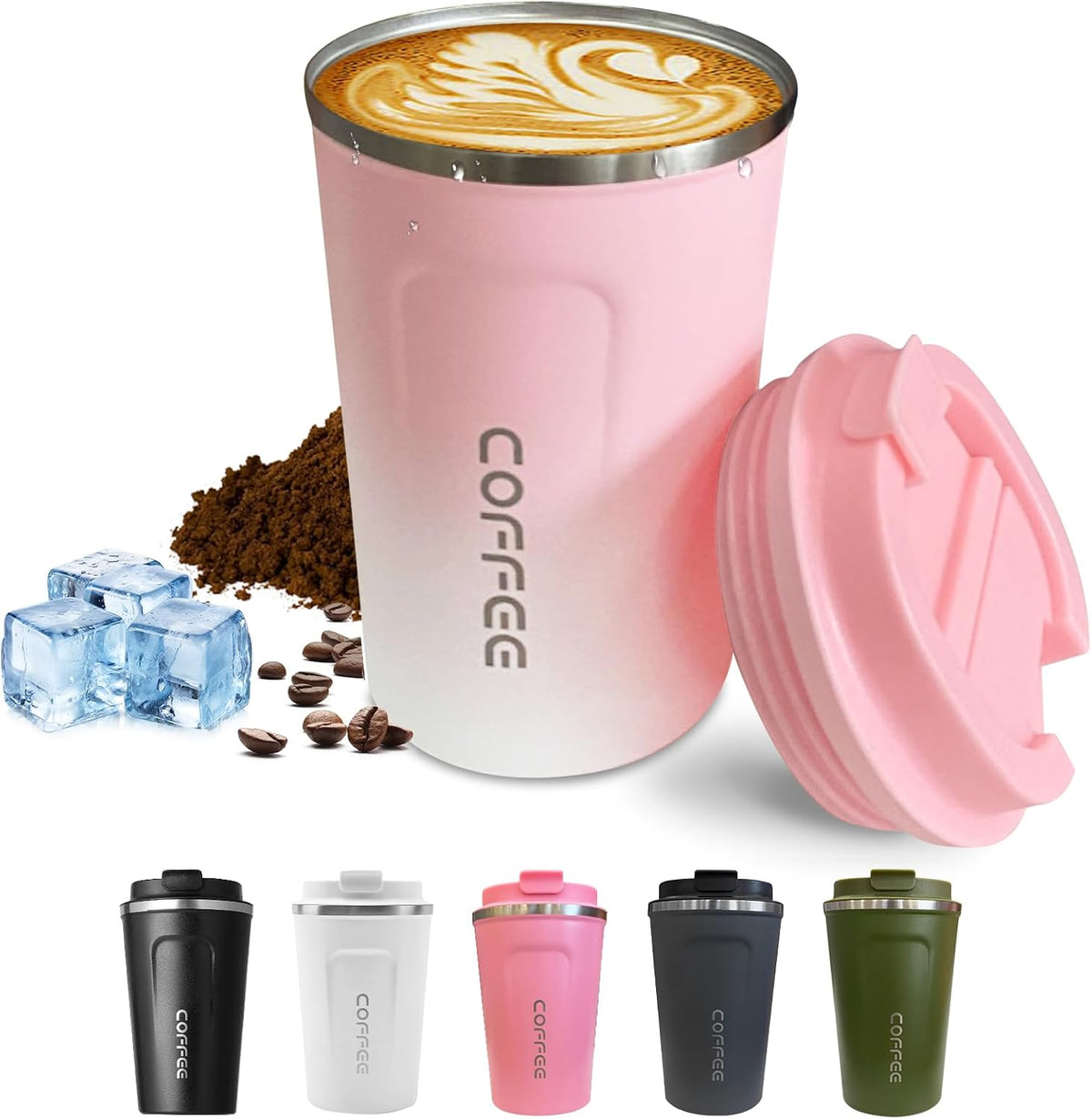 Travel Coffee Mug Leak-Proof, Reusable Coffee Cups with Lids, Stainless Steel Vacuum Insulated Coffee Tumblers, Thermal Insulation Cup for Men and Women Hot & Cold Drinks(2nd-Pink White, 12OZ)