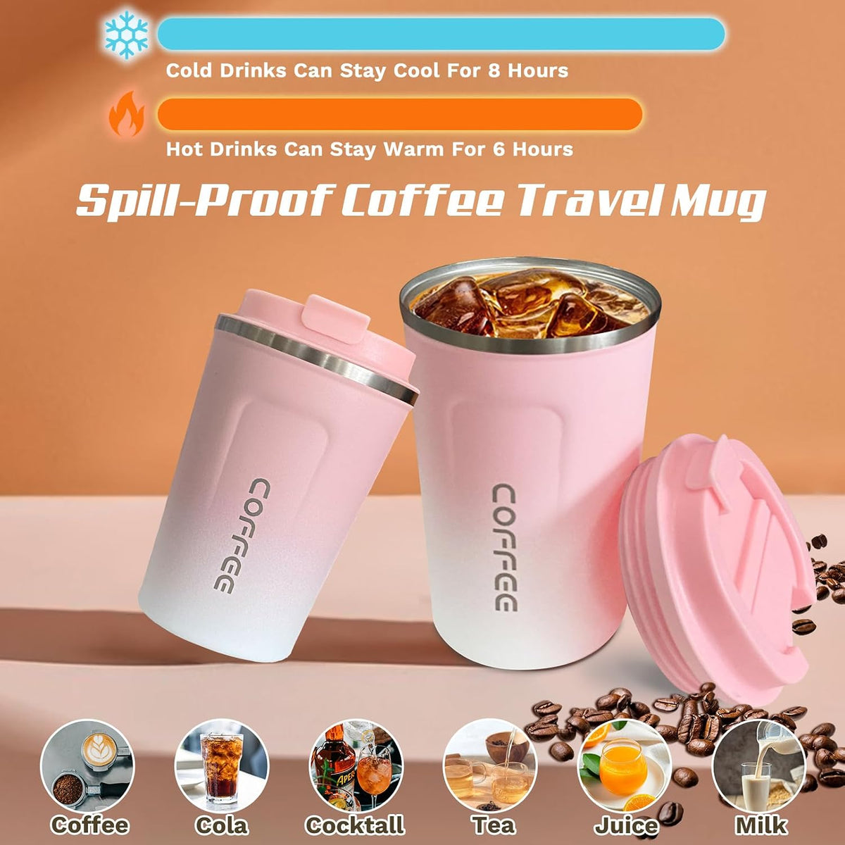 Travel Coffee Mug Leak-Proof, Reusable Coffee Cups with Lids, Stainless Steel Vacuum Insulated Coffee Tumblers, Thermal Insulation Cup for Men and Women Hot & Cold Drinks(2nd-Pink White, 12OZ)