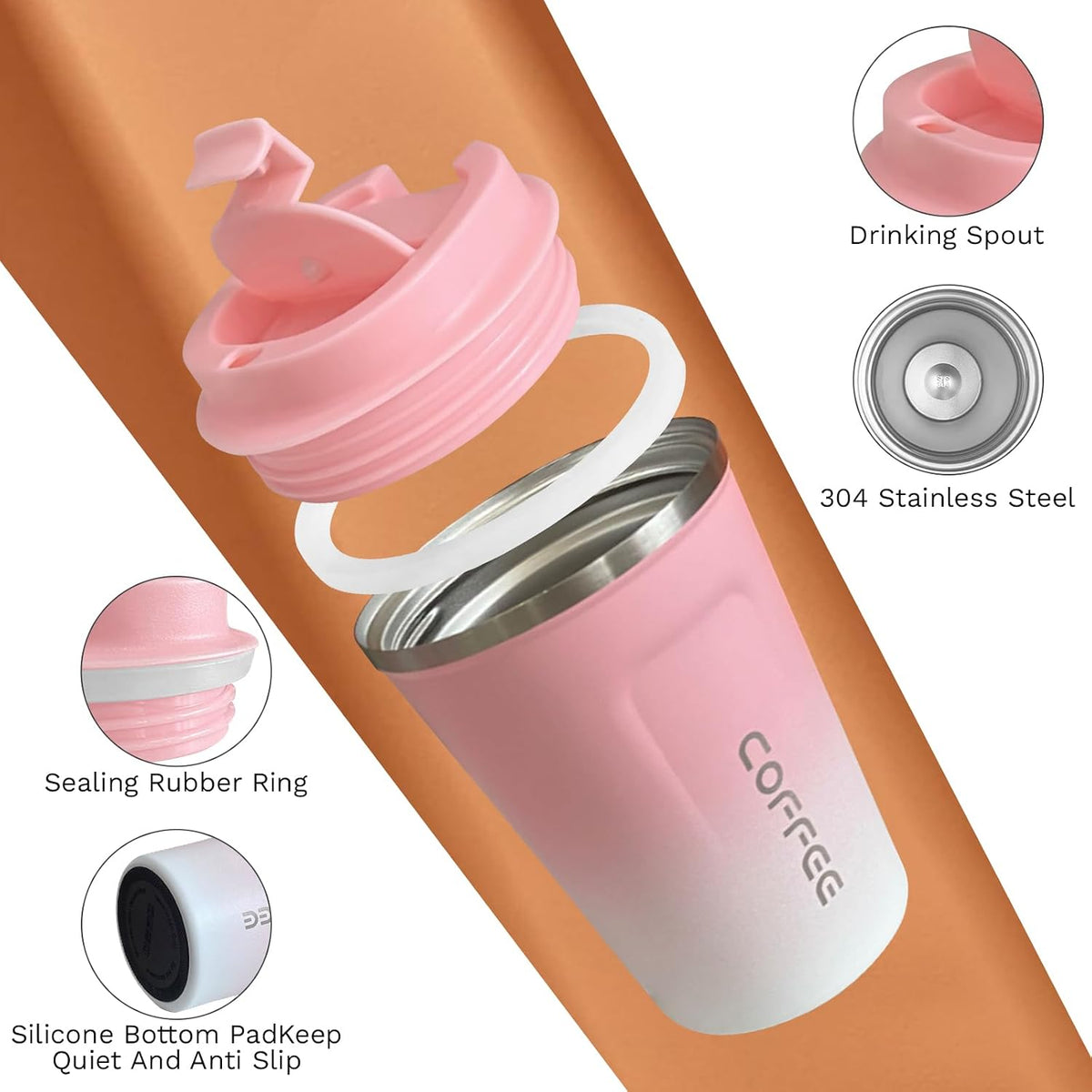 Travel Coffee Mug Leak-Proof, Reusable Coffee Cups with Lids, Stainless Steel Vacuum Insulated Coffee Tumblers, Thermal Insulation Cup for Men and Women Hot & Cold Drinks(2nd-Pink White, 12OZ)