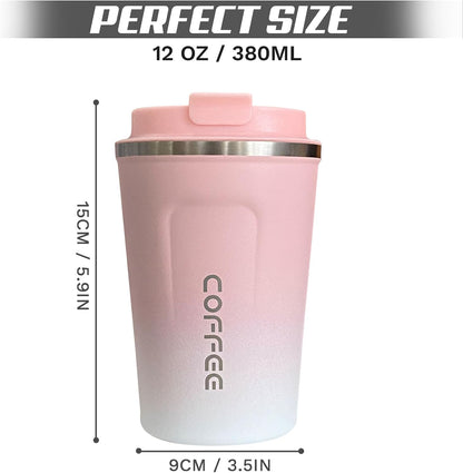 Travel Coffee Mug Leak-Proof, Reusable Coffee Cups with Lids, Stainless Steel Vacuum Insulated Coffee Tumblers, Thermal Insulation Cup for Men and Women Hot & Cold Drinks(2nd-Pink White, 12OZ)
