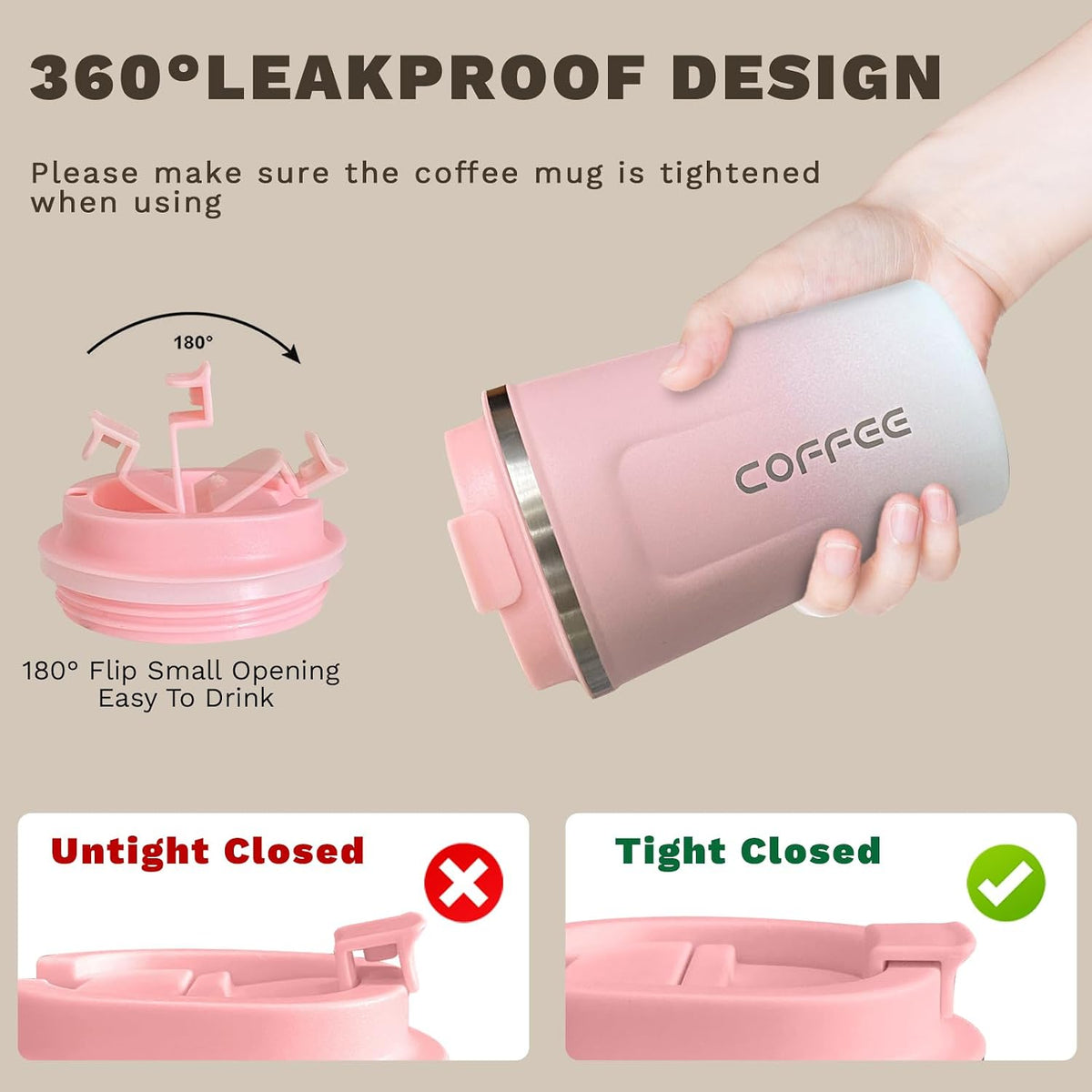 Travel Coffee Mug Leak-Proof, Reusable Coffee Cups with Lids, Stainless Steel Vacuum Insulated Coffee Tumblers, Thermal Insulation Cup for Men and Women Hot & Cold Drinks(2nd-Pink White, 12OZ)