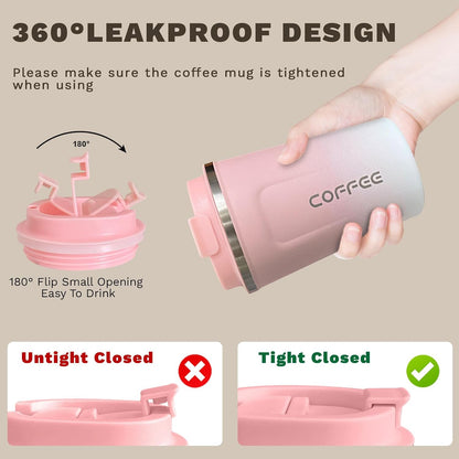 Travel Coffee Mug Leak-Proof, Reusable Coffee Cups with Lids, Stainless Steel Vacuum Insulated Coffee Tumblers, Thermal Insulation Cup for Men and Women Hot & Cold Drinks(2nd-Pink White, 12OZ)