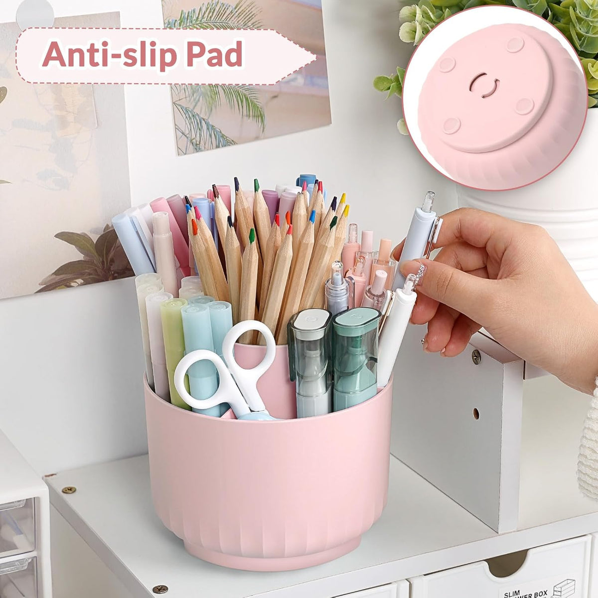 Makeup Organizer, Rotating Pencil Pen Holder for Desk, Dual-Purpose Desk Organizer for Cosmetics & Pens, Makeup Brush Holder with 5 Slots, Pencil Cup for Office, Home