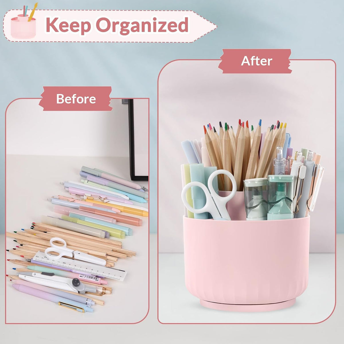 Makeup Organizer, Rotating Pencil Pen Holder for Desk, Dual-Purpose Desk Organizer for Cosmetics & Pens, Makeup Brush Holder with 5 Slots, Pencil Cup for Office, Home