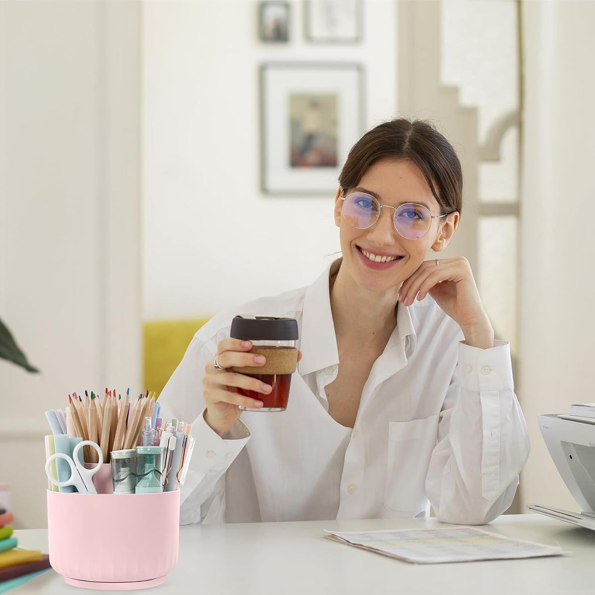 Makeup Organizer, Rotating Pencil Pen Holder for Desk, Dual-Purpose Desk Organizer for Cosmetics & Pens, Makeup Brush Holder with 5 Slots, Pencil Cup for Office, Home