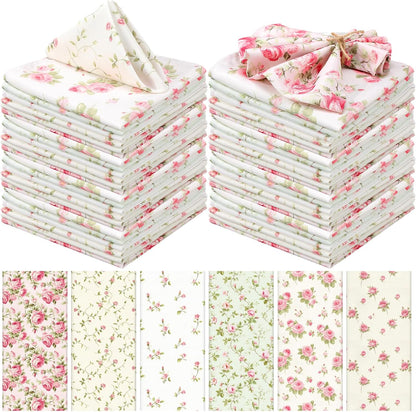12 Pcs Floral Cloth Napkins 6 Patterns Washable Dinner Tea Party Napkins Reusable Plant Flowers Square Napkin Cotton Towel Decorative for Summer Wildflower Party(Pink Rose)
