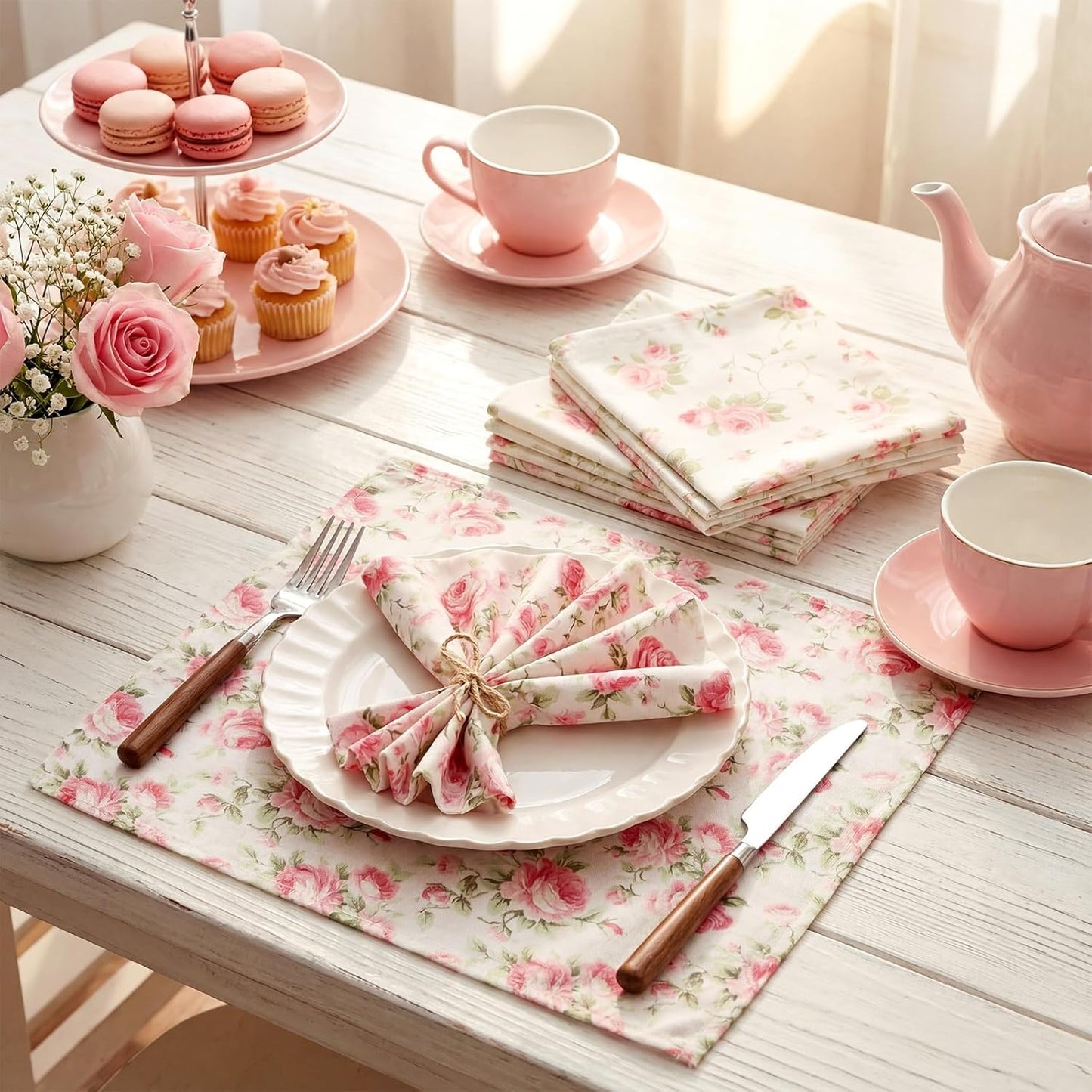 12 Pcs Floral Cloth Napkins 6 Patterns Washable Dinner Tea Party Napkins Reusable Plant Flowers Square Napkin Cotton Towel Decorative for Summer Wildflower Party(Pink Rose)