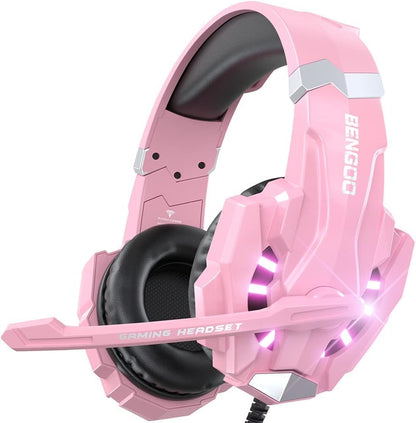 G9000 Professional Gaming Headset for PS4, PC, Xbox One Controller, Noise Cancelling Over Ear Headphones with Mic, LED Light, Bass Surround, Soft Memory Earmuffs for Laptop - Pink