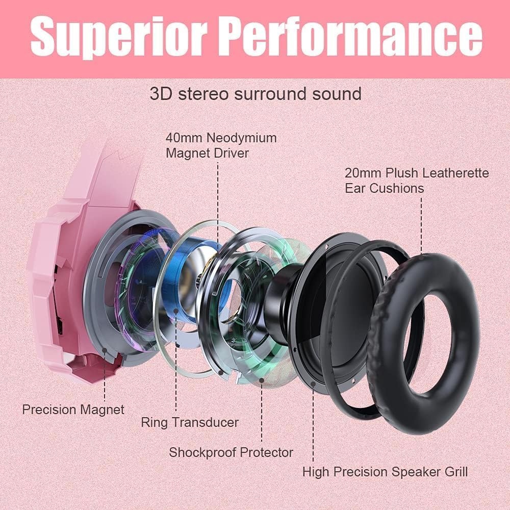 G9000 Professional Gaming Headset for PS4, PC, Xbox One Controller, Noise Cancelling Over Ear Headphones with Mic, LED Light, Bass Surround, Soft Memory Earmuffs for Laptop - Pink