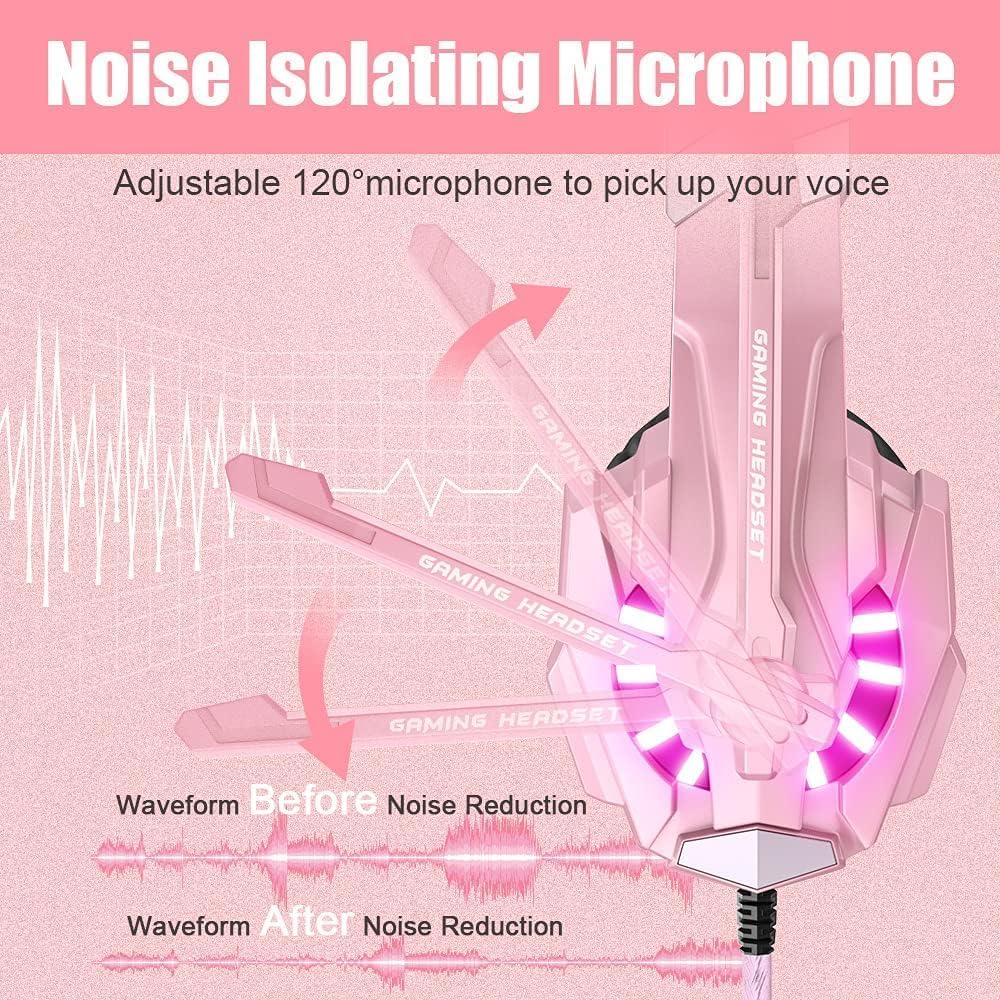 G9000 Professional Gaming Headset for PS4, PC, Xbox One Controller, Noise Cancelling Over Ear Headphones with Mic, LED Light, Bass Surround, Soft Memory Earmuffs for Laptop - Pink