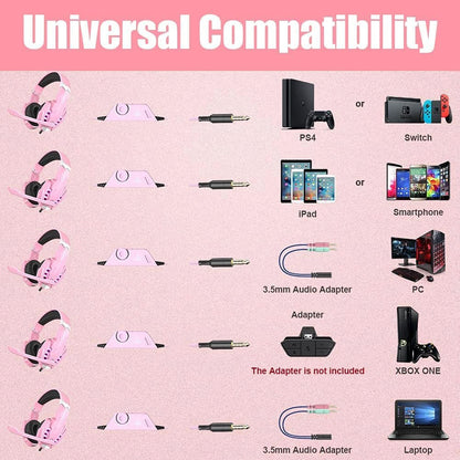 G9000 Professional Gaming Headset for PS4, PC, Xbox One Controller, Noise Cancelling Over Ear Headphones with Mic, LED Light, Bass Surround, Soft Memory Earmuffs for Laptop - Pink