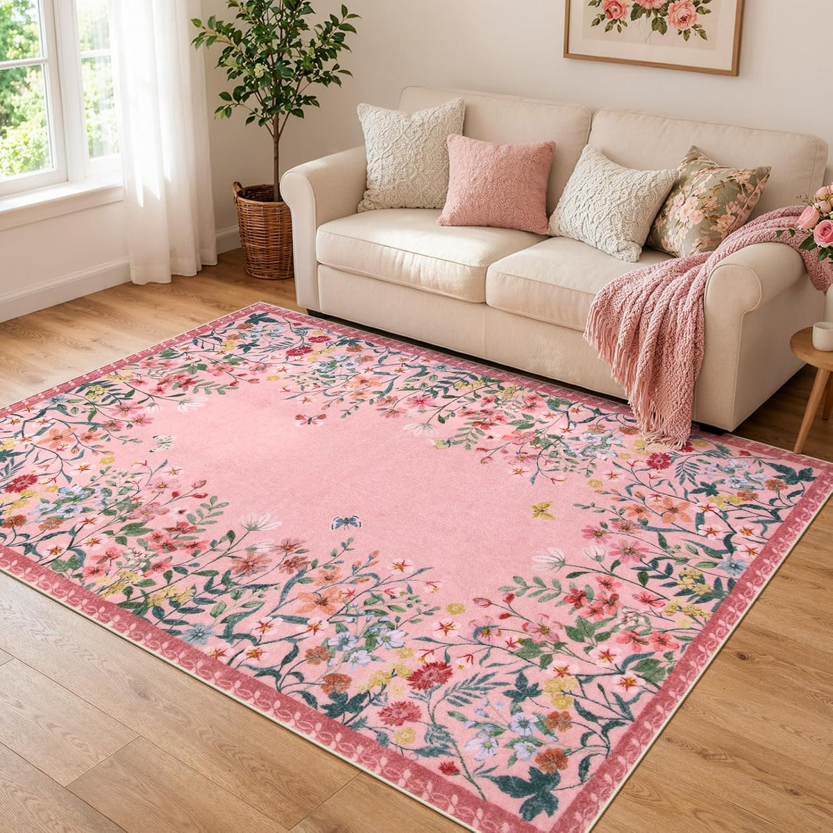 5x7 Washable Area Rug, Pink Floral Rug for Living Room, Cute Boho Rug for Girls Bedroom, Non Slip Soft Nursery Carpet, Farmhouse Kids Room Decor (5x7 Pink)