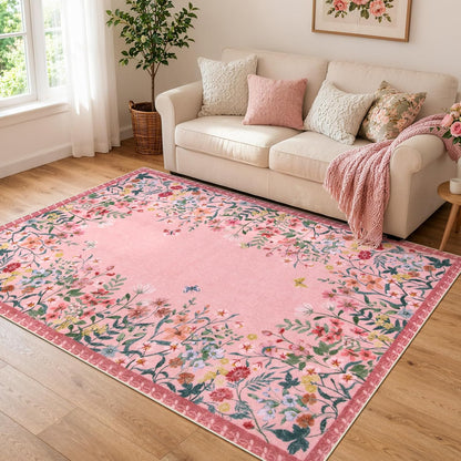 5x7 Washable Area Rug, Pink Floral Rug for Living Room, Cute Boho Rug for Girls Bedroom, Non Slip Soft Nursery Carpet, Farmhouse Kids Room Decor (5x7 Pink)